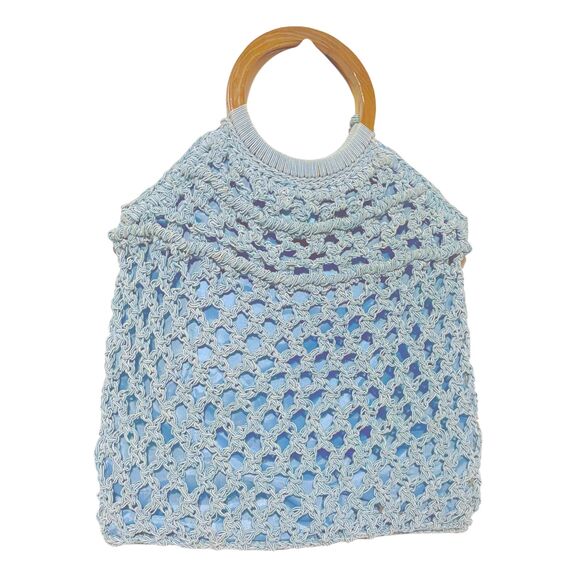 Baby Blue Crochet Macrame Tote with Wood Handle - Picture 1 of 11